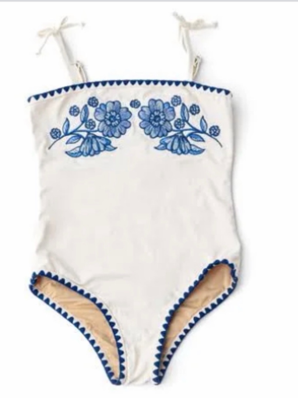 Girls White One-Piece Swimsuit with Blue Floral Embroidery